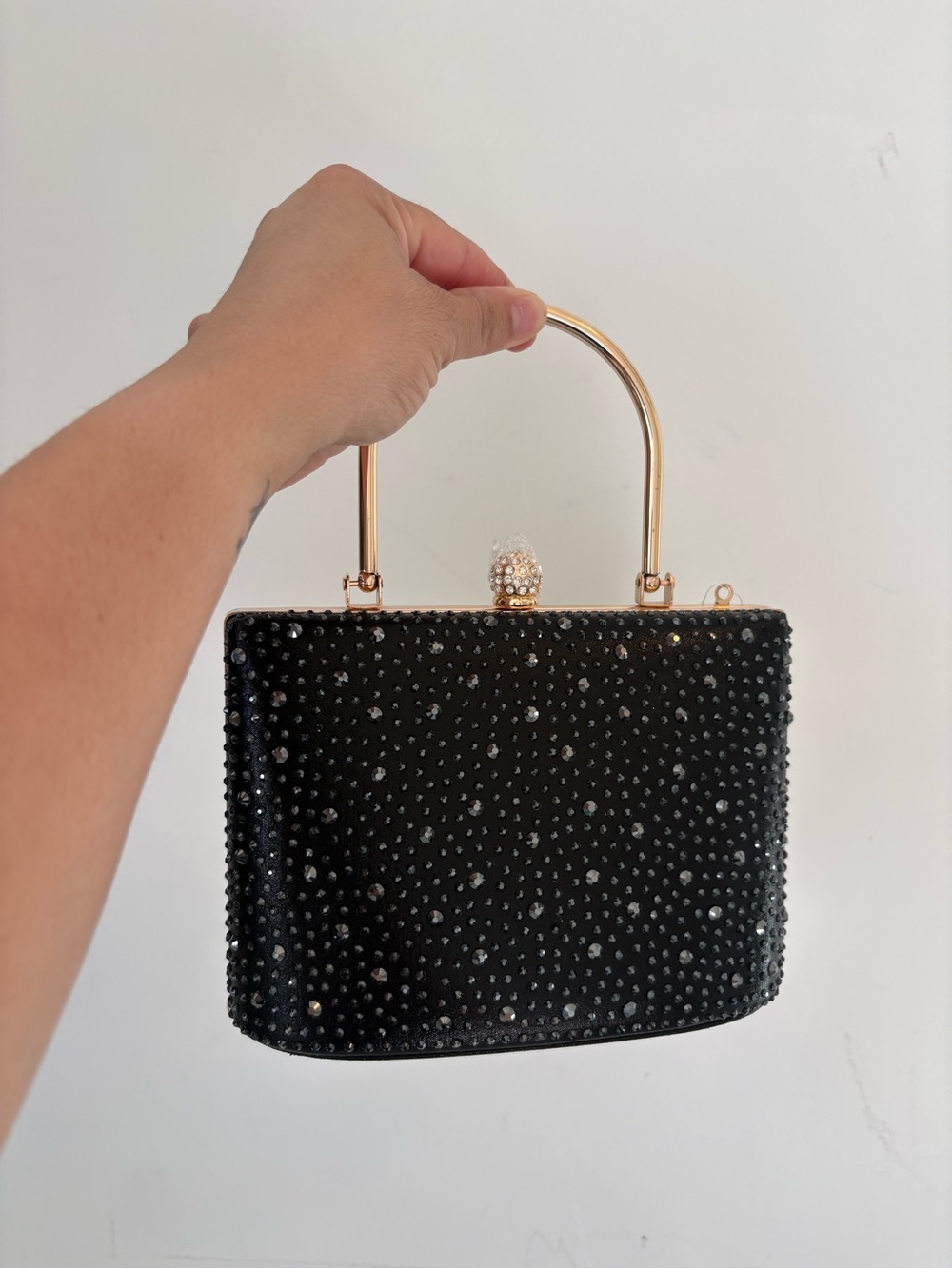 Black Crystal-Stud Evening Clutch with Gold Handle